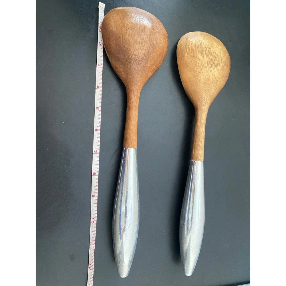 Heavy Wood & Metal Serving Spoons Set Vintage Possibly Nambe K3